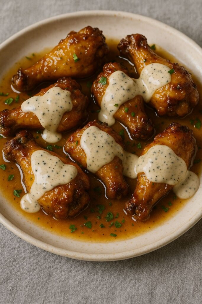Honey Butter Garlic Wings with Dijon Ranch Drizzle delight