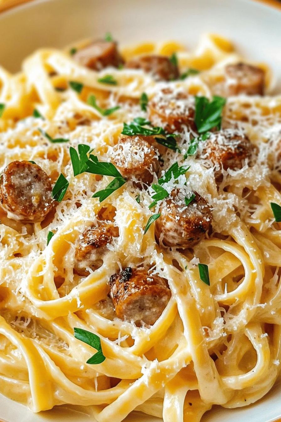 Creamy Garlic Parmesan Fettuccine with Savory Sausage delights